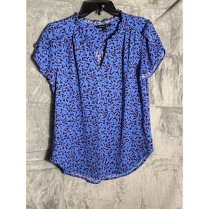 41‎ Hawthorne Women's Blue Floral Print V Neck Ruffle Collar Blouse Top M